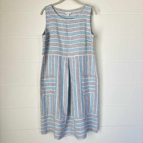 J. Jill Love Striped Pleated Sleevless Linen Shift Sundress Size Medium - Picture 2 of 15